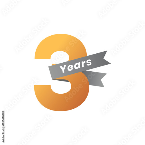 Anniversary Vector Illustration: Golden Number Three with Ribbon for Company Celebration, Business Event, or Third Year Anniversary Ceremony on White Background