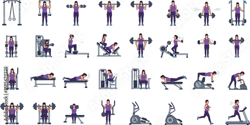 Gym workout and fitness training illustration set with strength exercises, weightlifting routines, cardio machines, bodybuilding poses, and active lifestyle flat vector characters
