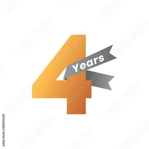 Elegant 4 Years Anniversary Vector Illustration, Golden Number with Silver Ribbon for Company Event Celebration, Business Milestone, and Birthday Ceremony Graphic Design