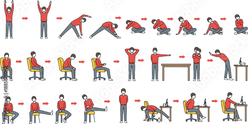 Office stretching and workplace exercise illustration set with seated and standing movements, ergonomic breaks, healthy routine actions, and employee wellness flat vector characters