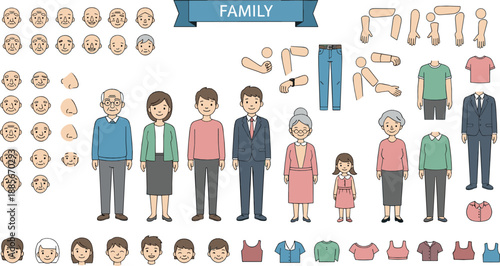 Family character creation illustration set with editable faces, body parts, clothing elements, and multi generation people for custom avatar flat vector design