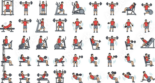 Gym workout exercise illustration set with fitness training poses, weightlifting routines, strength equipment, bodybuilding actions, and active lifestyle flat vector characters