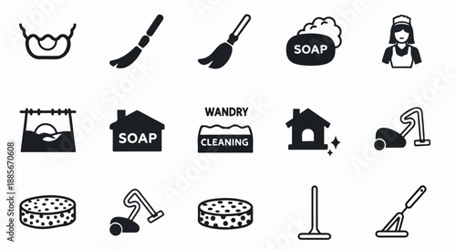Set of 15 Black and White Cleaning and Housekeeping Vector Icons