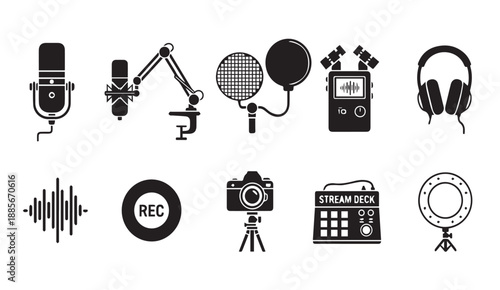 Vector icons for recording, streaming, and photography equipment, including microphones and headphones