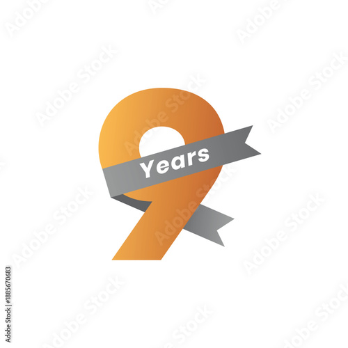 Anniversary Vector Illustration of Nine Years Celebration with Golden Number and Gray Ribbon for Company Event