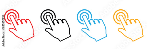 Set of colorful hand cursor icons in red, black, blue, and yellow. Minimalist flat vector graphics for touch screen interfaces, mobile apps, and digital buttons on a clean white background.