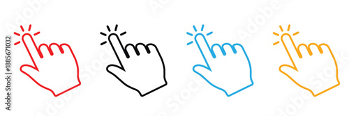 Set of colorful hand cursor icons in red, black, blue, and yellow. Minimalist flat vector graphics for touch screen interfaces, mobile apps, and digital buttons on a clean white background.