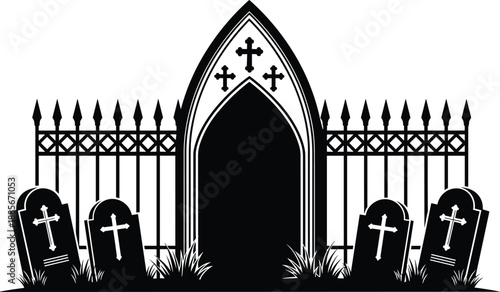 Gothic cemetery gate silhouette with spooky tombstones, graveyard entrance with iron fence and crosses, Halloween background vector illustration, creepy dark funeral scene.