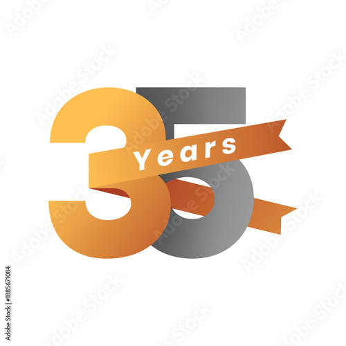Elegant 35 Years Anniversary Vector Illustration with Ribbon Banner, Golden Number and Silver Text for Celebration, Event, Company Achievement on White Background