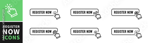 Register now tag. Registration now buttons set. Vector button for registration in services, blogs, websites. Register now chat speech message. Banner promotion. Free registration offer. Vector