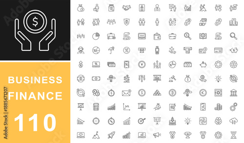Business and finance line icons set. With concepts like profit, losses, stock, exchange, budget, earnings, money icons. Investment, teamwork, meeting, partnership, work success. Editable stroke.