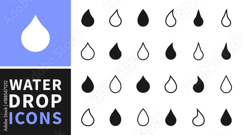 Water drop shape icon set. Blood icon symbol silhouette. Various shapes of water drops, water and rain simple icon. Plumbing logo. Blood or oil drop. Vector illustration