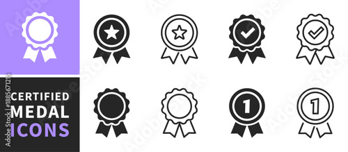 Set of approved or certified medal icons. Approval check symbol. Winning award, prize, medal. Achievement badge. Profile Verification. Quality mark. Vector check mark. Task done. Project completed.