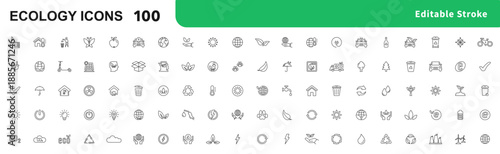 Ecology and environment line icons set. Vector illustration in modern thin line style icons. Sustainable future, recycling, green energy, renewable energy, solar, geothermal and wind energy and more.