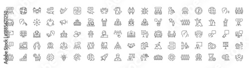 Workshop icon set. Collection of training, meeting, seminar, team building and more. Business Workshop icons for web and mobile app. Editable stroke. Thin outline icons pack. Vector illustration EPS10