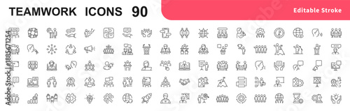 Teamwork icon set. Collection of line icons related to teamwork, management, business, collaboration, partnership, cooperation. Editable stroke. Business team working together symbol. Vector