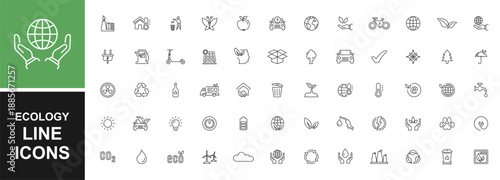 Ecology and environment line icons set. Vector illustration in modern thin line style icons. Sustainable future, recycling, green energy, renewable energy, solar, geothermal and wind energy and more.
