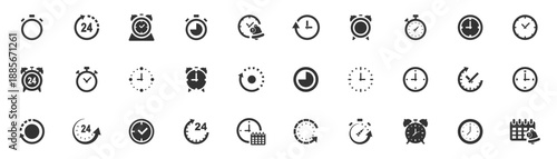 Time glyph solid icon set. Deadline clock icon collection. Set of stopwatch, time, clock icons. Vector illustration
