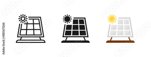 Solar panel icon set. Solar panel electricity generation. Renewable energy and green technology. For environmental campaigns, green projects and sustainability issues. Line, glyph and flat style