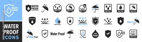 Waterproof icon set. Water Proof. Water protection, liquid proof protection. Shield with water drop. Anti wetting material, hydrophobic fabric, surface protection. Water resistant symbol. Vector