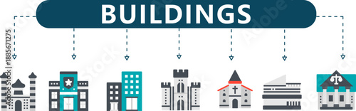 Urban Infrastructure Blueprint 7 Modern Building Icons for City Planning, Real Estate Development and Municipal Architecture Presentations