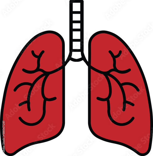 A simple, stylized illustration of human lungs and trachea, depicted in red with black outlines.