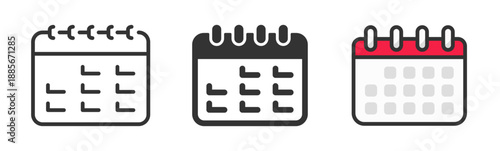 Calendar icon set. Calendar with alert for scheduling, event planning, important day, agenda symbol note, and notice message. Line, glyph and flat style. Vector