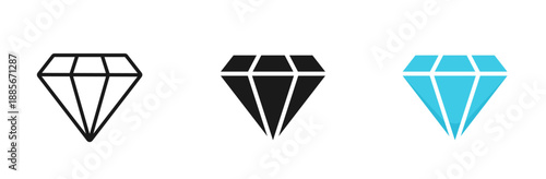 Diamond icon set. Different shapes of diamond cuts. Line, glyph and flat style. Diamonds logo design. Vector illustration