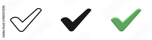 Check mark icon set. Check marks for agreement, vote, confirmation, choise. Line, glyph and flat style. Checkmarks and confirm. Vector illustration