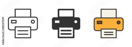 Printer or fax icon set. Containing printout, paper, machine, document in the office. Line, glyph and flat style. Vector illustration