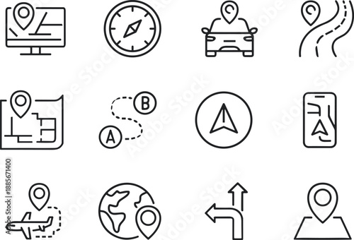 PrintCollection of professional navigation and travel line icons featuring digital maps, compass direction, vehicle GPS tracking, flight paths, and global destination markers.