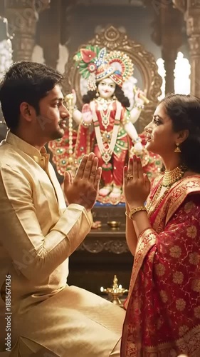 Couple praying together in front of a Hindu deity during a religious ceremony.