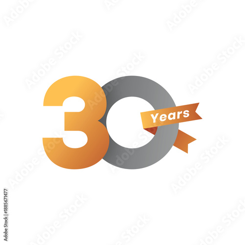 Anniversary Vector Illustration of Golden Number 30 with Ribbon, Celebrating Thirtieth Year for Company Event and Ceremony on White Background