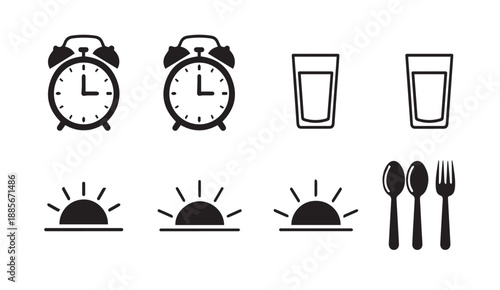 Vector icons of alarm clocks, glasses, and breakfast utensils on white background