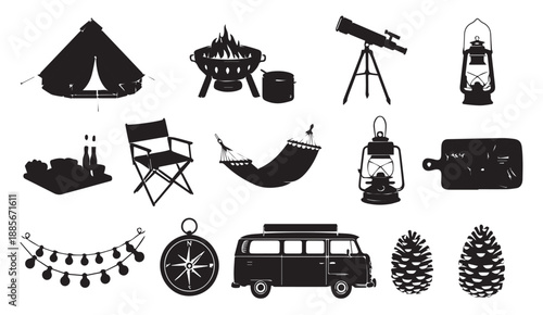 Collection of black silhouettes for camping and outdoor adventure activities and equipment