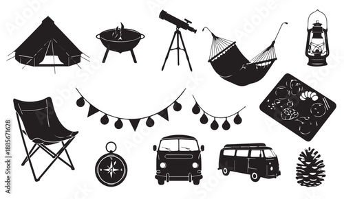 Black silhouettes of camping and outdoor adventure icons on white background