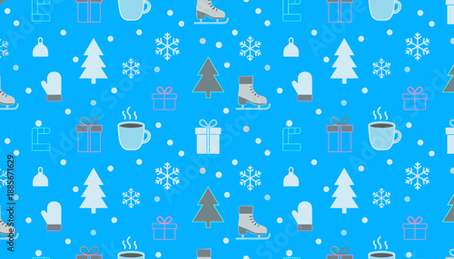 Seamless winter holiday pattern with trees snowflakes ice skates gifts and hot mugs on a bright blue background