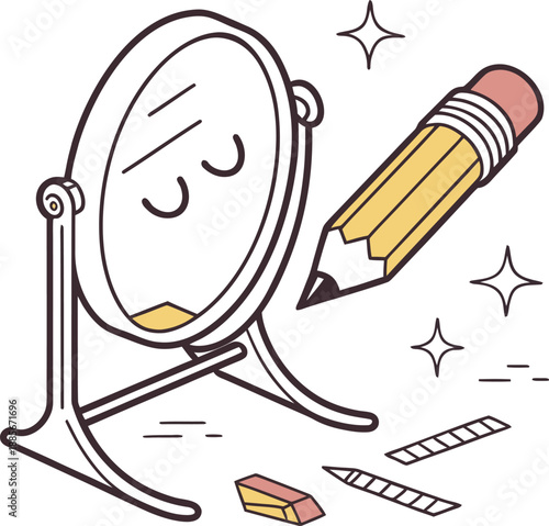 Sad pencil sees reflection in mirror with eraser and shavings, symbolizing self-doubt and creative blocks.