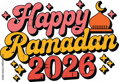 Ramadan kareem 2026 a vibrant retro design featuring happy ramadan 2026 text with a mosque and stars for the holy month isolated on white background