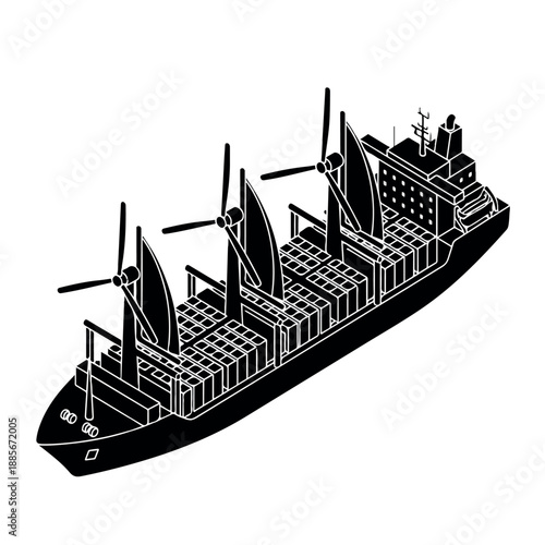 Isometric view of a cargo ship with windassisted propulsion technology.