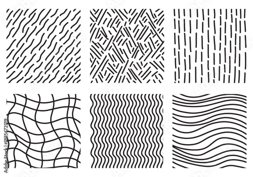 Decorative line patterns set. Vintage ink zigzag stripes marker scratch, abstract tile brush canvas. Organic hand drawn straight and curved lines. Geometric hatching backgrounds lattice, grid texture