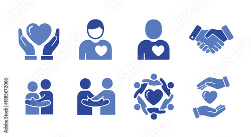 Set of 8 Blue Charity and Empathy Vector Icons