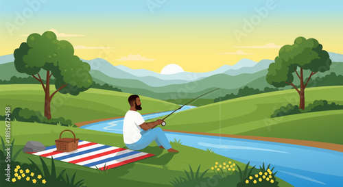 Vector illustration of a man fishing by a river in a serene natural landscape with rolling hills and trees