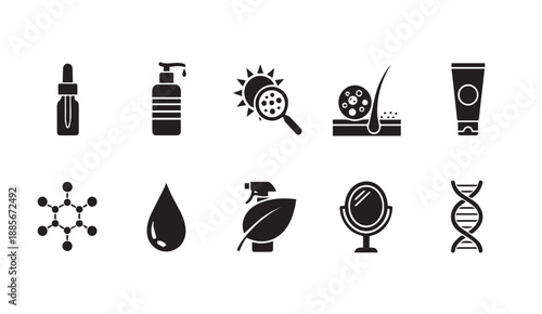 Black vector icons of skincare and science related objects on white background