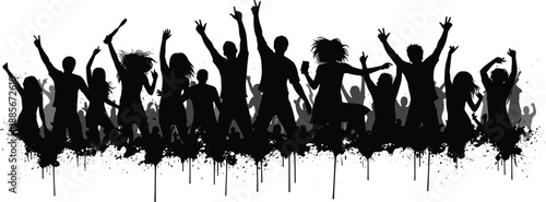 Silhouette of a cheering crowd of people dancing and jumping at music festival party on a creative black paint drip background