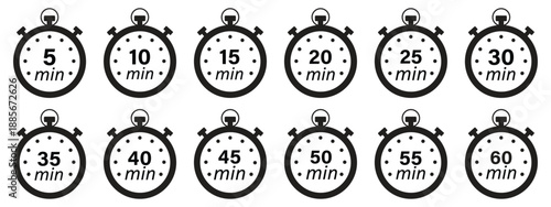 Collection of stopwatch icons with different time intervals from 5 to 60 minutes