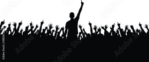 Silhouette of a crowd of people with hands raised in the air at a music concert festival or party event with leader pointing up