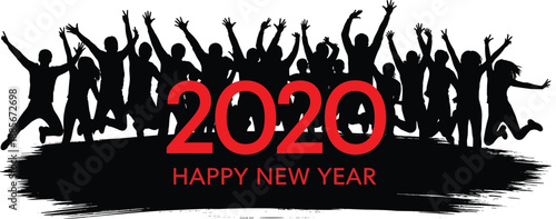 Silhouette of a happy crowd of people jumping and celebrating Happy New Year 2020 on a black grunge brush stroke background for holiday design