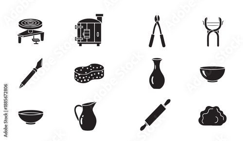 Black and white vector icons of kitchen utensils and pottery tools on white background