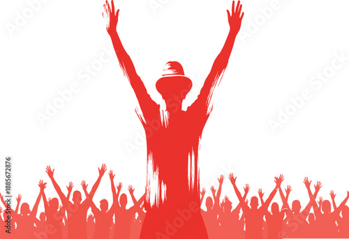 Silhouette of a massive cheering crowd with raised hands at a music concert festival or party with a leader pointing his finger up